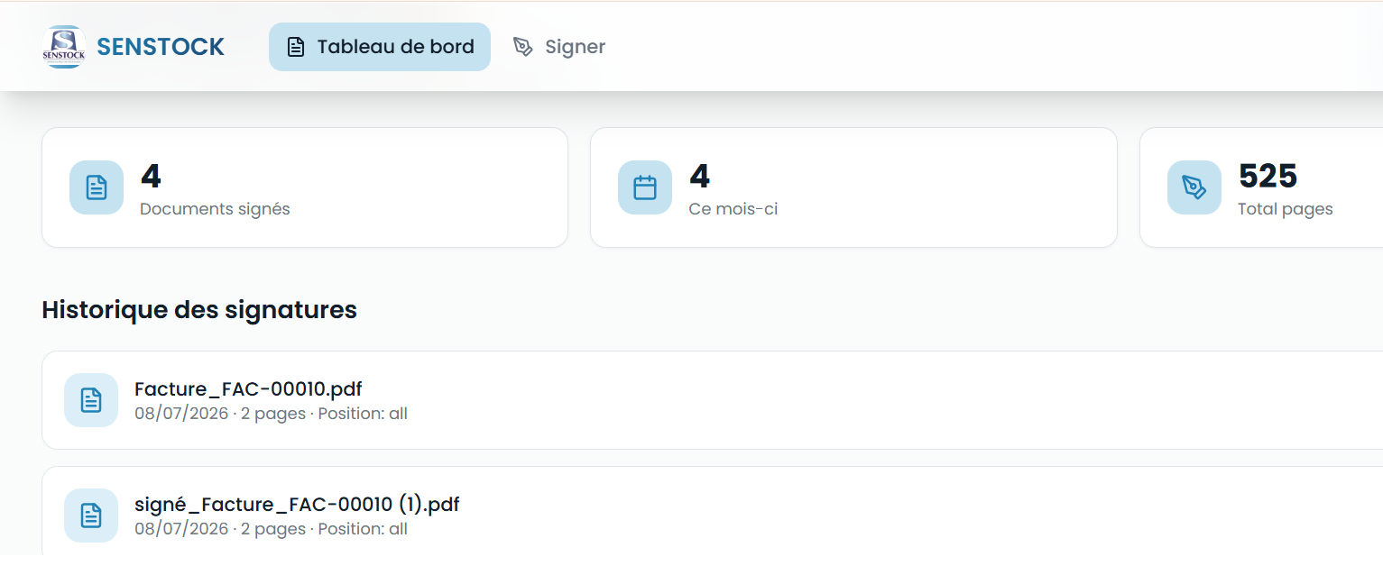 Tableau de bord de la plateforme de signature électronique SENSTOCK